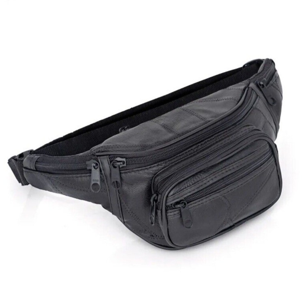Mens Womens Waist Belt Bag Black Lambskin Leather Fanny Pack Purse Travel Pouch
